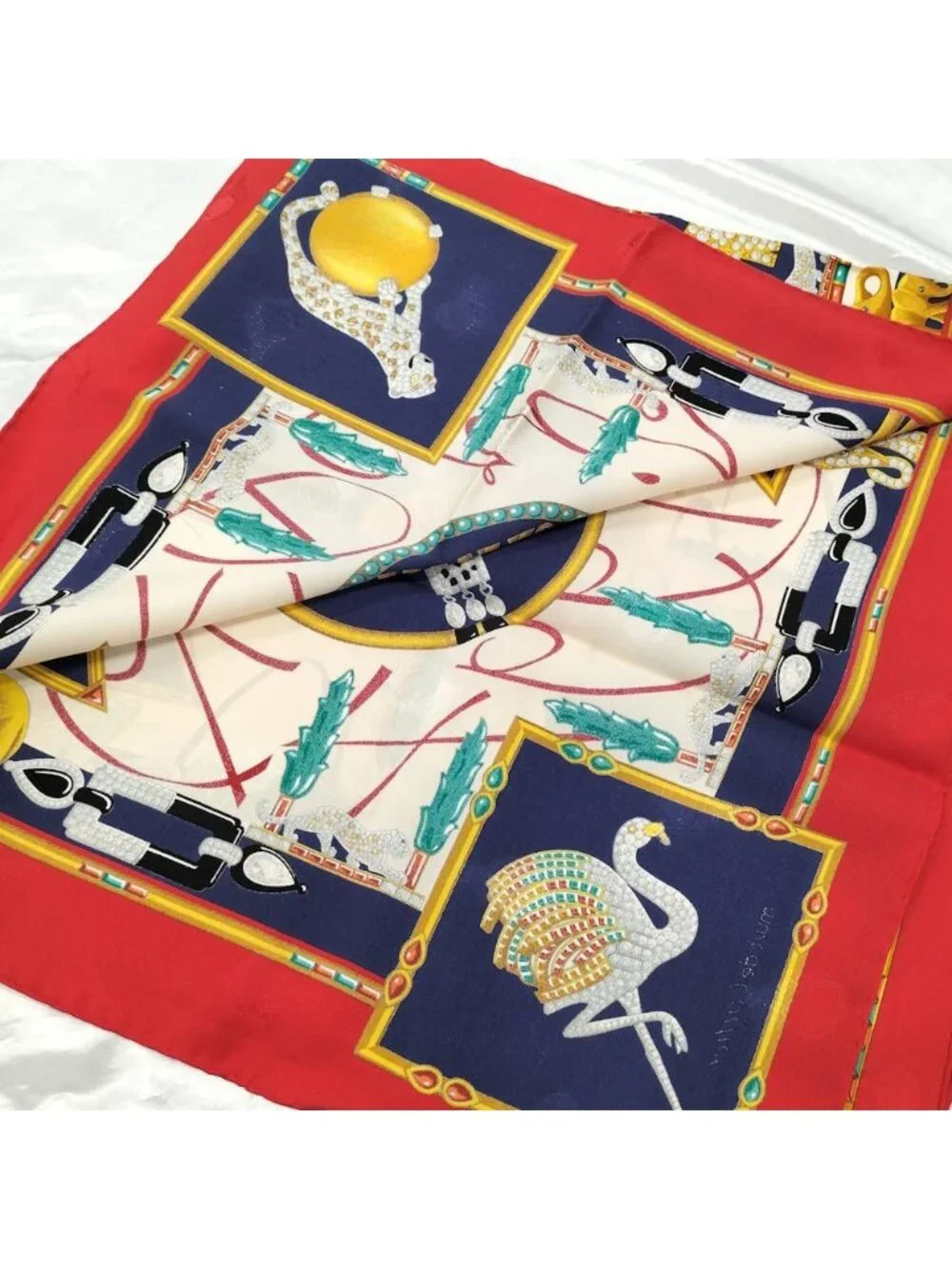 Cartier Scarf Silk 100% Red Navy Multicolor